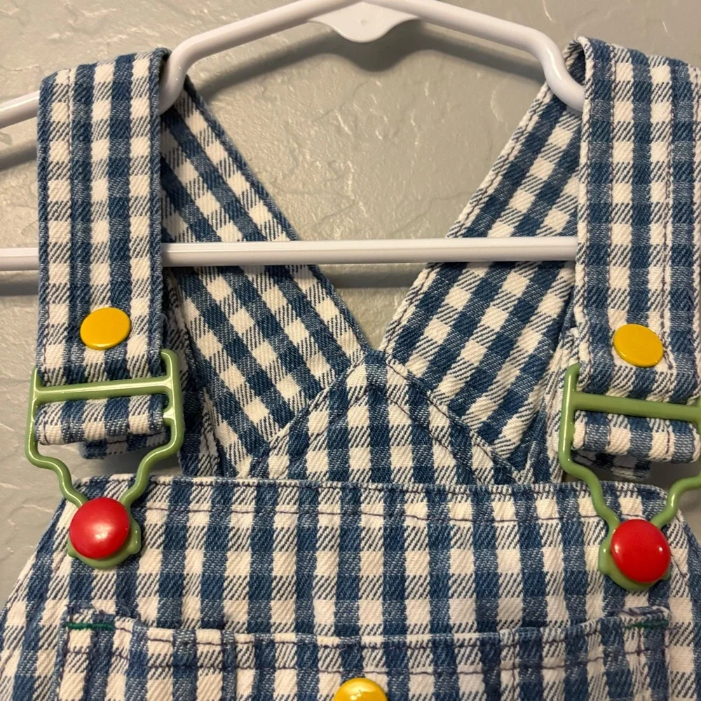 Gymboree rainbow tag vintage blue white plaid check sun shortalls overalls small
